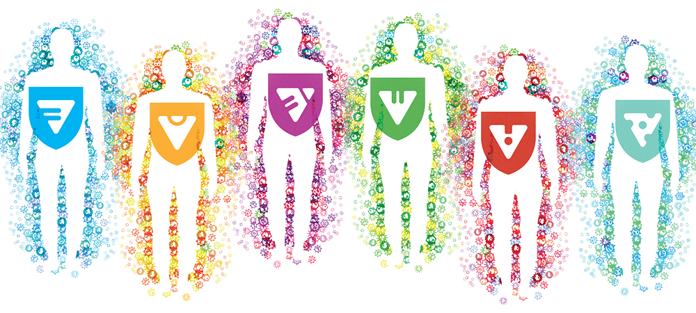 A set of six human body silhouettes stand in front of different-colored clusters of abstract cell shapes, with each body wearing an abstract shield that matches the colors of their cells.